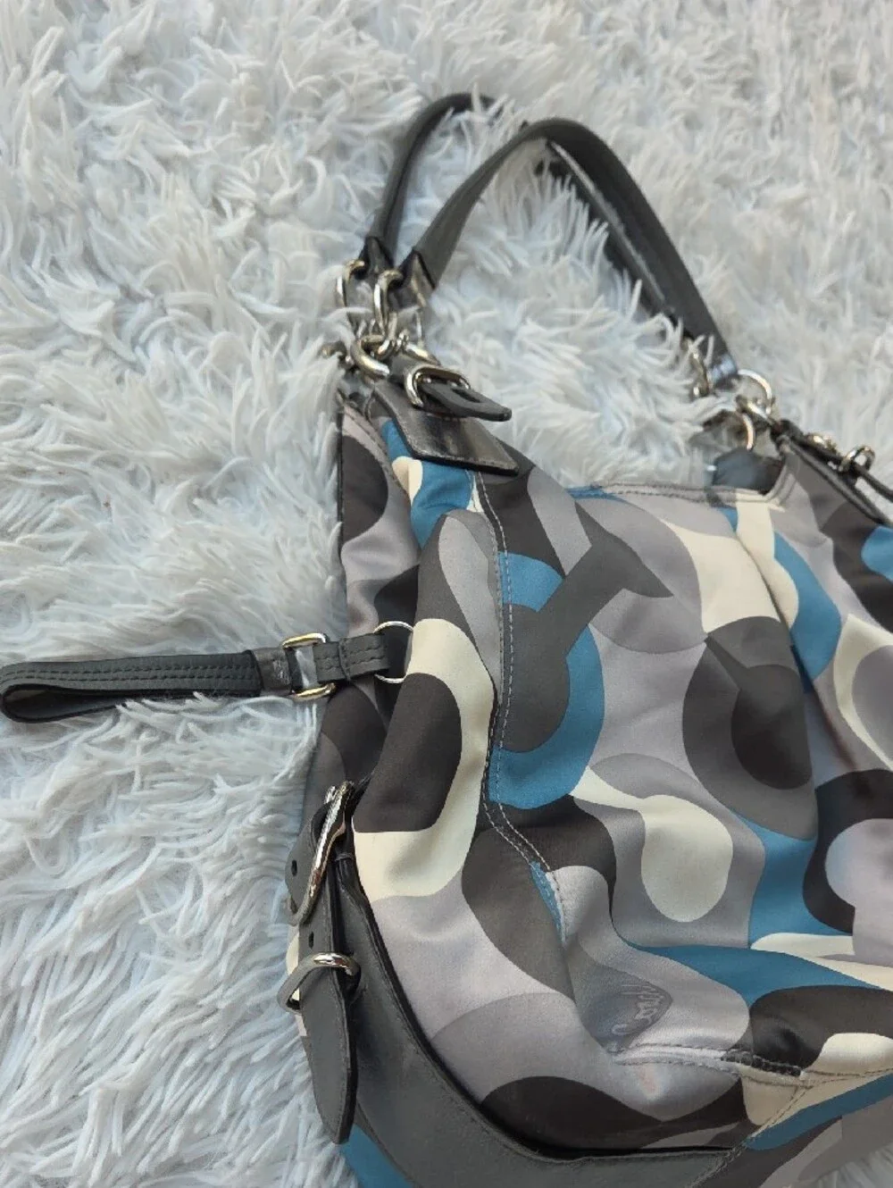 Coach Gray, Blue & Cream Geometric Hobo Bag New Condition